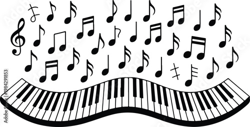 Minimalist black and white illustration of piano keyboard with flowing musical notes rising upward in dynamic curved composition