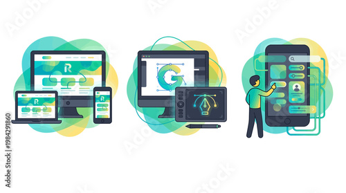Digital illustrations of responsive web design, branding process and mobile UI UX interface, professional app developer, concept for software development, brand identity and digital agency