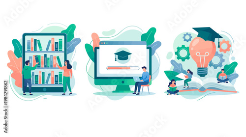 Corporate training managers and research analysts using digital library and e-learning platforms on screens, concept for professional development, employee training and distance learning