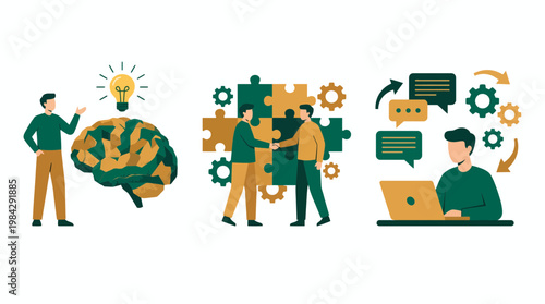 Professional business strategists and project managers collaborating with brain idea icons, puzzle pieces and laptop workspace, concept for corporate innovation, partnership and workflow