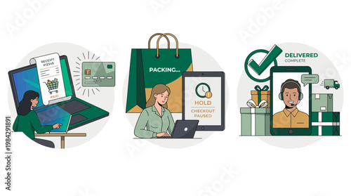 Professional digital payment specialist, warehouse fulfillment manager and customer service representative managing online store workflow, concept for e-commerce, logistics and retail business