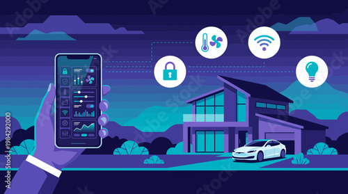 Real estate manager hand holding smartphone with smart home automation app against modern house and electric car background, concept for IoT home security, energy management and futuristic living