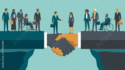 Corporate executives and diverse office employees standing on a giant handshake bridge spanning across a deep gap, concept for business merger, global partnership and inclusive recruitment