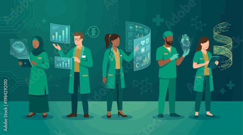 Diverse group of chief medical officers and clinical research scientists analyzing futuristic digital holographic screens, concept for medical technology, digital health and biotech research