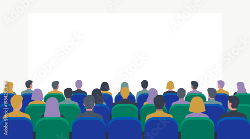 Diverse business executives and professional managers sitting in a seminar hall facing a large blank white projector screen, concept for conference presentation, training and advertisement