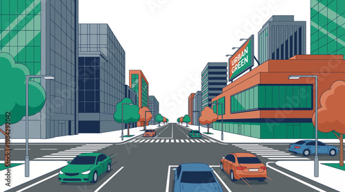 Modern city street intersection with colorful cars driving past skyscrapers and green trees under a clear sky, concept for urban planning, sustainable architecture and smart city lifestyle