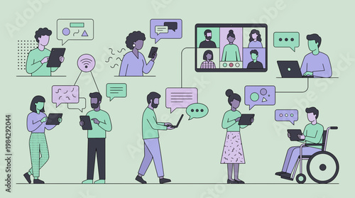 Diverse corporate managers and employees using digital devices for virtual communication and online collaboration, concept for remote workplace, global networking and digital transformation