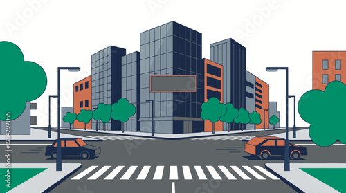 modern cityscape illustration of a busy street intersection with tall office buildings and blank billboard, concept for urban advertising, outdoor marketing and real estate development