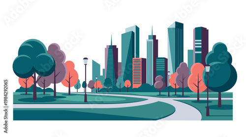 Modern city park landscape with colorful stylized trees and winding pathways against a background of high skyscrapers, concept for urban planning, eco-friendly environment and sustainable architecture