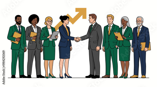 Diverse corporate executives and managers shaking hands in front of a rising growth arrow, concept for successful partnership, professional achievement and business development