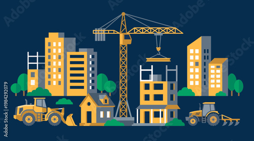Flat vector illustration of a city construction site featuring cranes and heavy machinery building skyscrapers, concept for urban development, real estate and industrial civil engineering