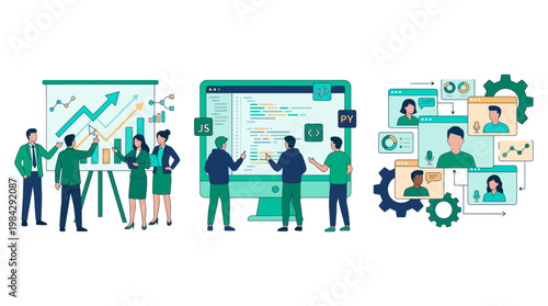 Financial analysts, software developers and managers working on growth charts, coding and video calls, concept for business development, corporate technology and team collaboration