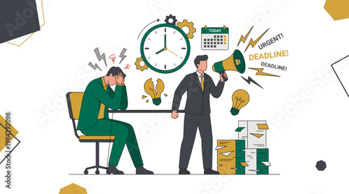 Stressed project manager sitting at desk with paperwork while angry supervisor shouts urgent deadlines through megaphone near giant clock, concept for burnout, high pressure and mental health