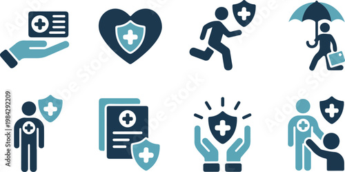 Flat vector illustration collection of medical safety icons featuring shield protection health insurance and care concepts in simple design