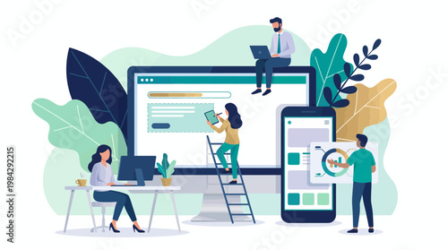 Professional software developers and digital marketing team collaborating on website design and mobile app interface, concept for business development, digital transformation and advertising