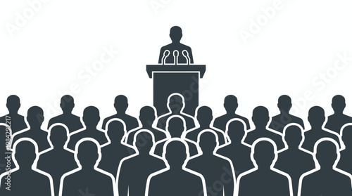 Silhouette of a professional chief executive officer giving a speech at a podium to an audience of office workers and employees, concept for corporate leadership, motivation and conference
