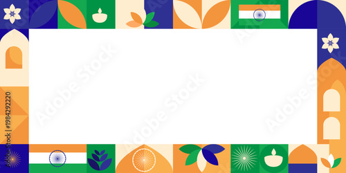 Indian Independence Day decorative border with geometric shapes tricolor elements Ashoka Chakra and cultural motifs with copy space suitable for posters banners and marketing materials.Vector