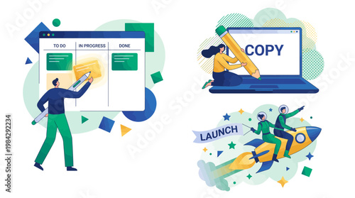 Project manager using task board, copywriter editing on laptop and startup founders launching rocket, concept for modern agile workflow, digital marketing and business development strategy