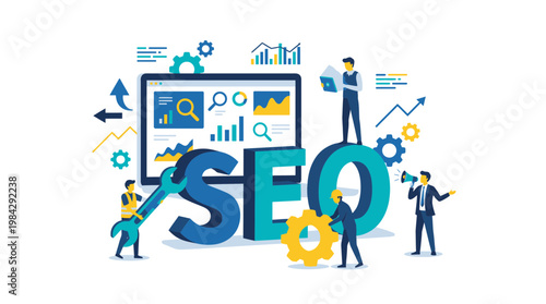SEO analyst and digital marketing manager optimizing website performance with data charts and technical tools, concept for search engine optimization, content strategy and business growth