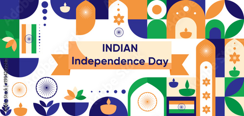 Indian Independence Day banner with colorful geometric shapes, Ashoka Chakra tricolor elements, diya lamps, and cultural motifs in a modern festive layout. Indian abstract design Vector illustration