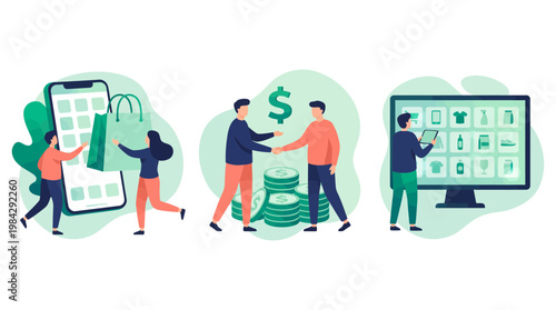 professional account managers and businessmen closing deals with mobile shopping and digital store inventory, concept for e-commerce marketing, corporate partnership and financial growth