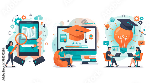 Digital researchers and students using electronic devices for online learning and creative data analysis, concept for e-learning platform, academic research and professional skill development