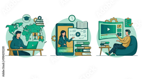 Corporate trainer and remote software developer conducting online courses through laptop and mobile phone devices, concept for e-learning, distance education and business webinar