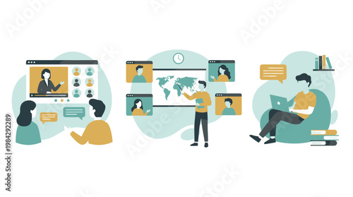 Marketing managers and executives conducting global video conferences using online dashboard interfaces, concept for remote collaboration, business communication and virtual training