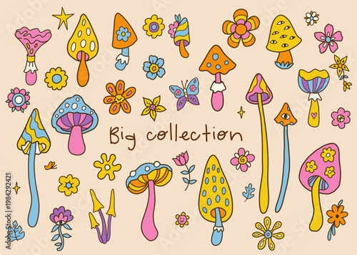 Colorful dopamine mushrooms seamless pattern vector illustration. Playful psychedelic fungi line art. Perfect for fabric, wallpaper, packaging, 60s, 70s