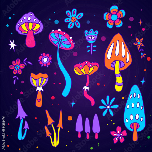 Psychedelic mushroom vector illustration with trippy line art elements. Mystical colorful fungi design. Perfect for posters, stickers, apparel, prints.