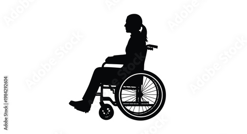 Silhouette of a woman in a wheelchair facing left in a simple design