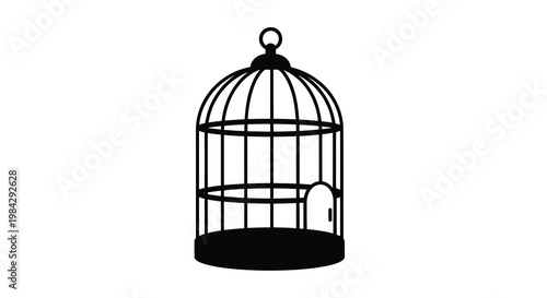 Simple black silhouette of a vintage birdcage with an open door