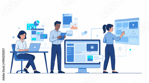 People working together on computers and discussing project in office environment