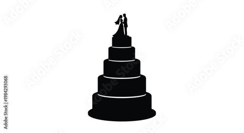 Silhouette of a tiered wedding cake with a bride and groom topper