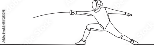 Continuous one line drawing of a fencer in action position, symbolizing precision, elegance, and competition.one line drawing vector illustration