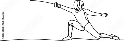 Continuous one line drawing of a fencer in action position, symbolizing precision, elegance, and competition.one line drawing vector illustration