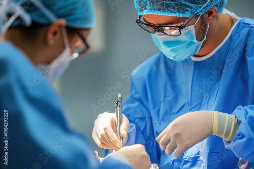 Focused surgeons perform a delicate procedure, showcasing precision and teamwork in a modern operating room