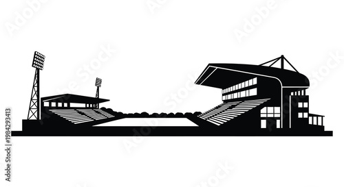 Black and white silhouette of a sports stadium with floodlights