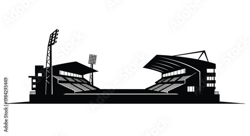 Black and white illustration of a large sports stadium with tiered seating