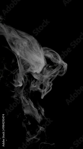 Elegant white smoke rises in fluid, swirling forms against a deep black background, creating a vertical abstract composition with strong contrast and generous copy space