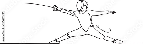 Continuous one line drawing of a fencer in action position, symbolizing precision, elegance, and competition.one line drawing vector illustration