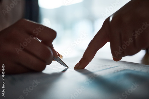 Foto Pointing, sign or hands of people with contract, lease property agreement or subletting renewal process