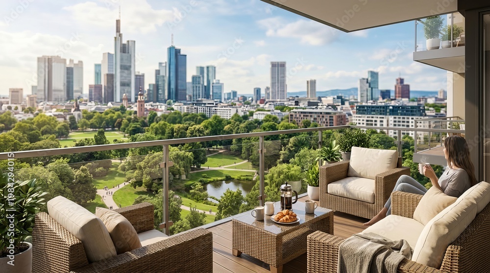 Fototapeta premium Relaxing outdoor terrace overlooking a blurred city skyline at daytime.