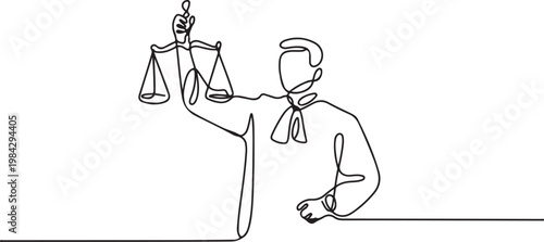 Continuous one line drawing of a judge upholding justice, symbolizing legal system and social justice.one line drawing vector illustration
