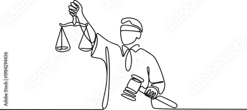 Continuous one line drawing of a judge upholding justice, symbolizing legal system and social justice.one line drawing vector illustration