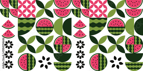 Geometric watermelon pattern set with abstract shapes and fruit elements seamless modern background for packaging textile and decorative design