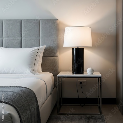 Modern bedroom interior with bedside table and lamp providing soft lighting.