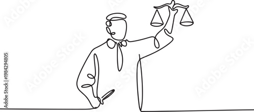 Continuous one line drawing of a judge upholding justice, symbolizing legal system and social justice.one line drawing vector illustration