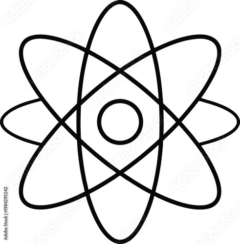 atom symbol central nucleus with three elliptica silhouette vector illustration on transparent background