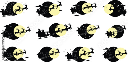 Santa Claus Sleigh and Reindeer Flying Across Full Moon Christmas Silhouette Collection Vector Illustration Set for HolidaySanta Claus Sleigh and Reindeer Flying Across Full Moon Christmas 